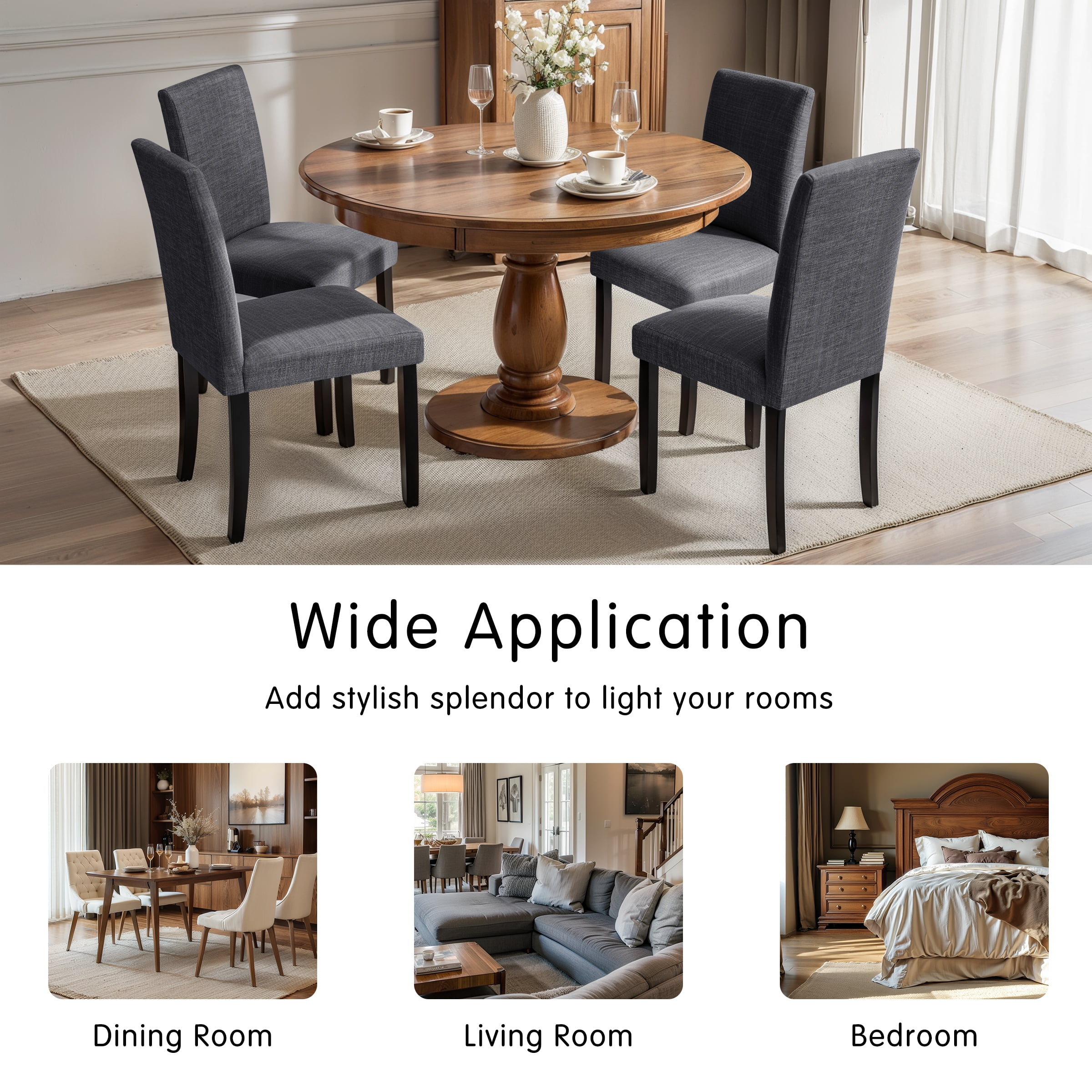 Linen Dining Chairs Set of 4, Upholstered Fabric Chairs with Solid Wood Legs for Kitchen Dining Room, Dark Gray