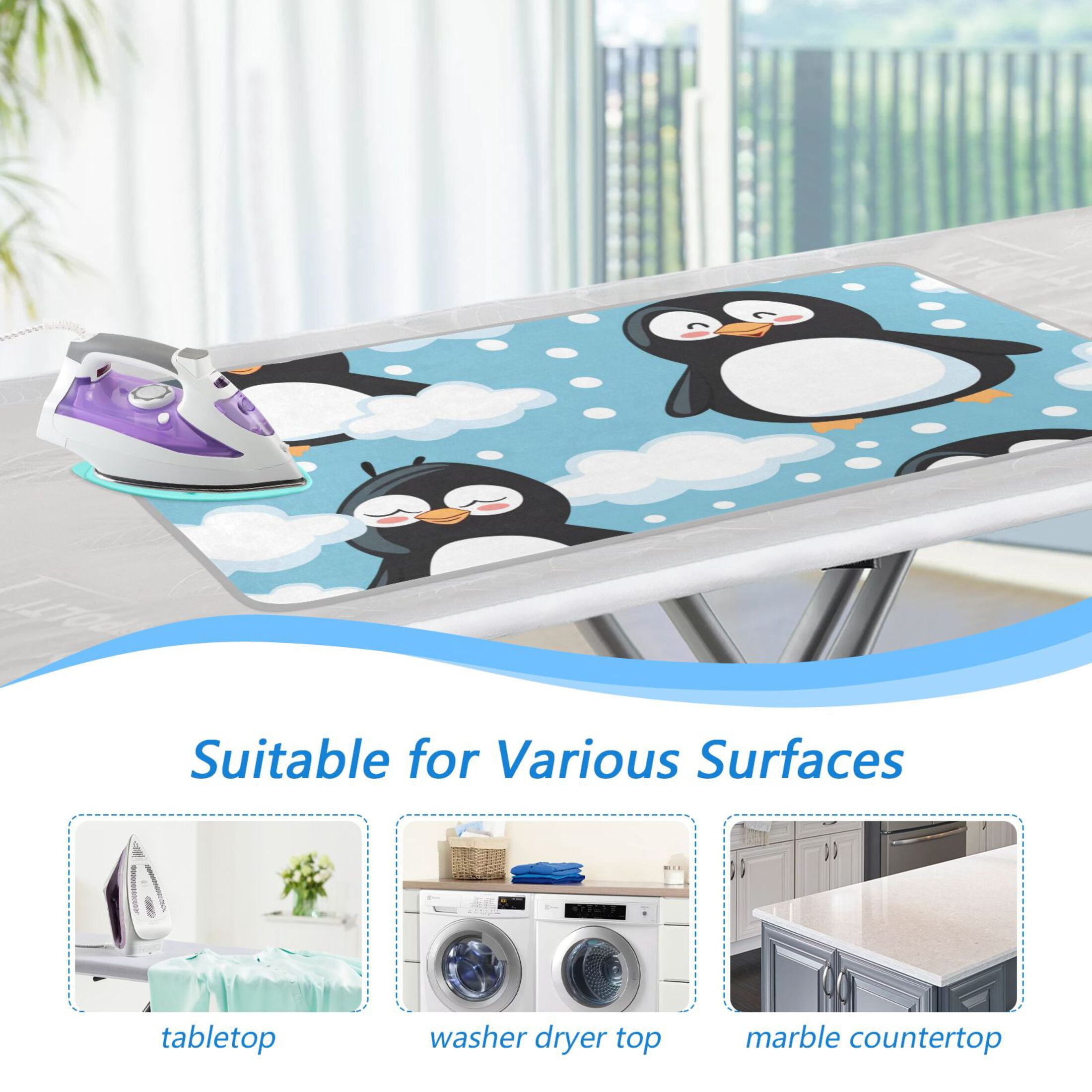 Happy Penguins Clouds Cartoon Ironing Mat Blanket Portable Travel Ironing Pad Heat Resistant Pad 47.2" x 27.6”