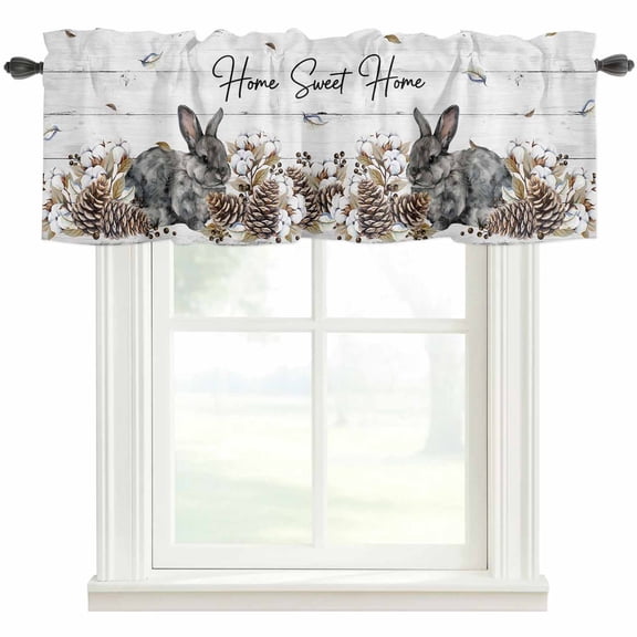 Rabbits Pine Cone Rod Pocket Curtain Valance, Sweet Home Texture Farmhouse Grey Wooden Farmhouse Window Valance for Living Room, Bedroom, Kitchen 42"W x 18"L