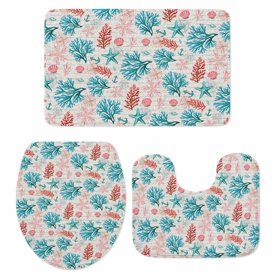 Coral Shell Bathroom Rugs Set Watercolor Pink Blue Red Coral Starfish Anchor Beige Non Slip Absorbent Soft Bath Mats 3 Piece Set with Bathroom Rug, U-Shaped Floor Mat, Toilet Seat Cover Small Size