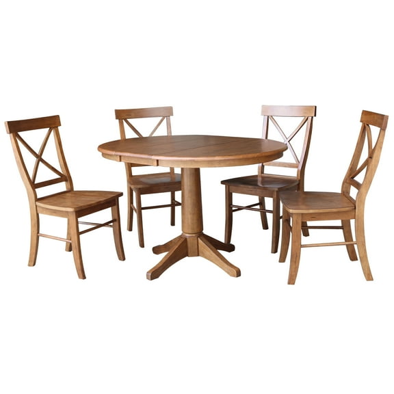 36" Round Solid Wood Extension Dining Table with 4 Chairs in Distressed Oak by International Concepts