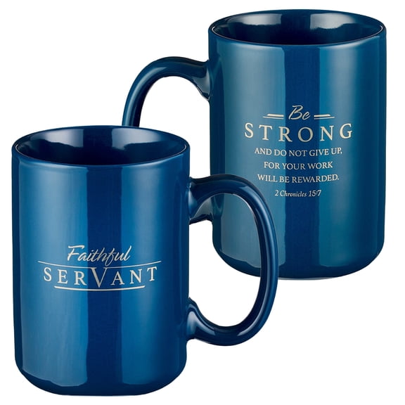 Christian Art Gifts Large Ceramic Coffee & Tea Mug for Men, Women, Pastors & Grads: Faithful Servant Inspirational Bible Verse, Lead/Cadmium-free Non-toxic Novelty Drinkware, Navy Blue & Gold, 14 oz.