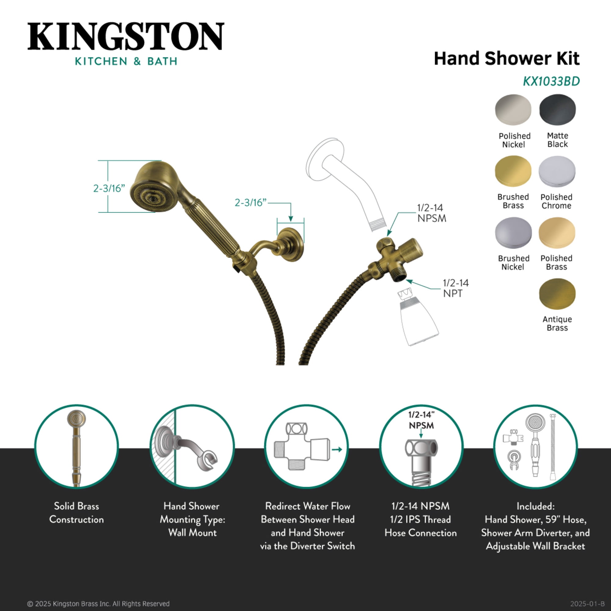 Kingston Brass KX1030BD Restoration Hand Shower Kit, Matte Black