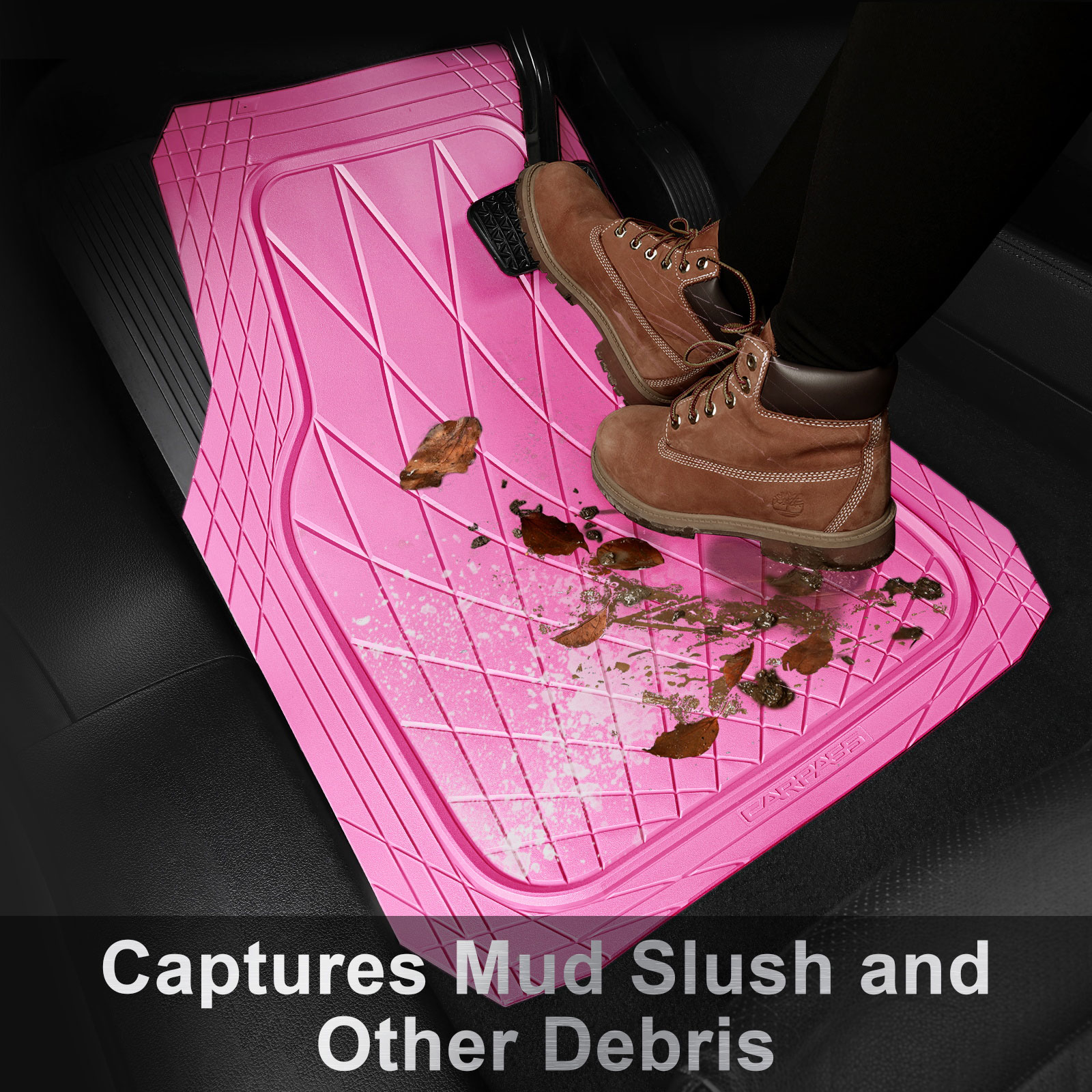 CAR GRAND Premium Heavy Duty Rubber Car Floor Mats Deep Dish All Weather Water Proof Easy Clean Universal Trim Fit Sedan SUV Van Truck All Pink