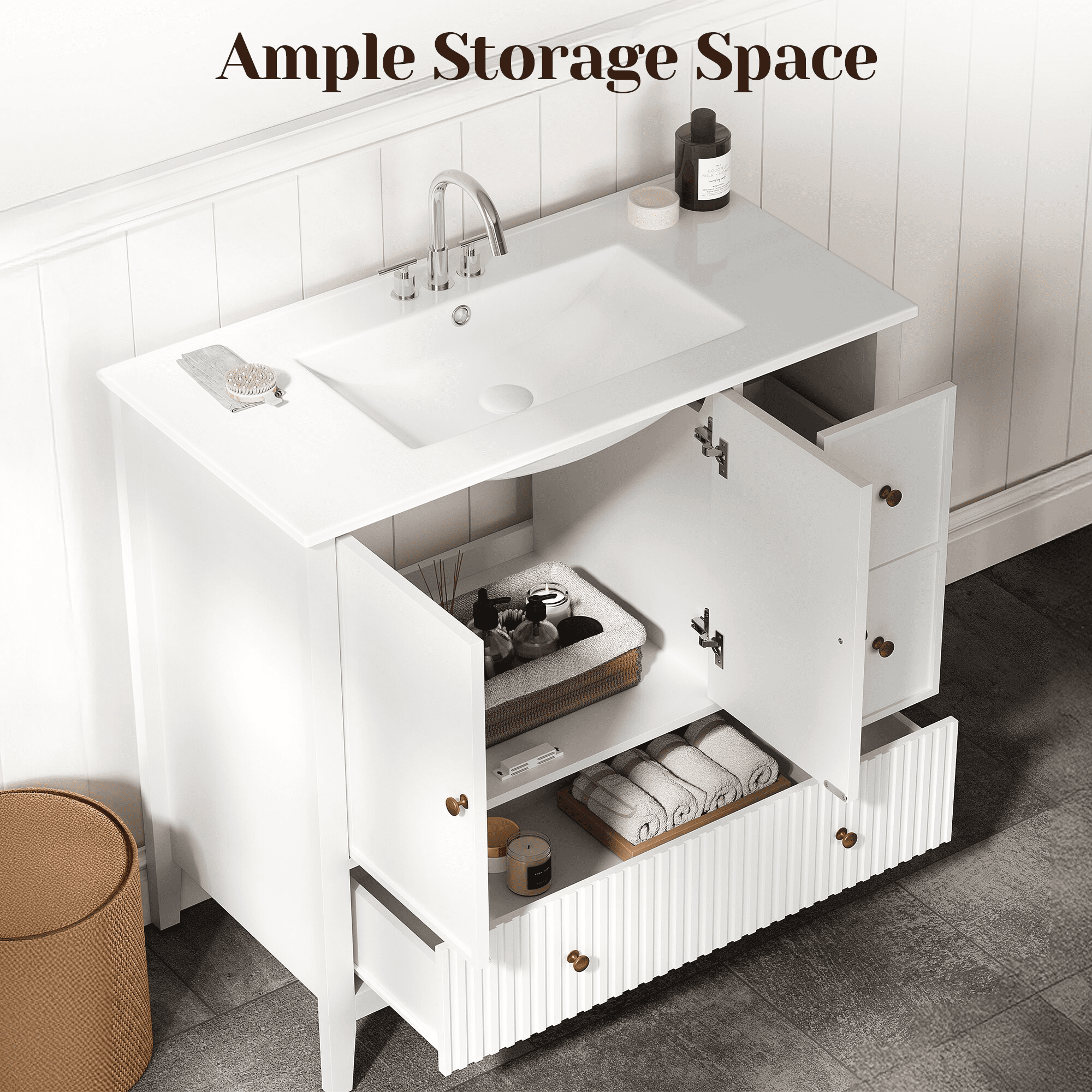 Mintazer 36 Inch Fluted Freestanding Bathroom Vanity with Ceramic Sink, Farmhouse Single Sink Bath Cabinet with Doors and Drawers, White