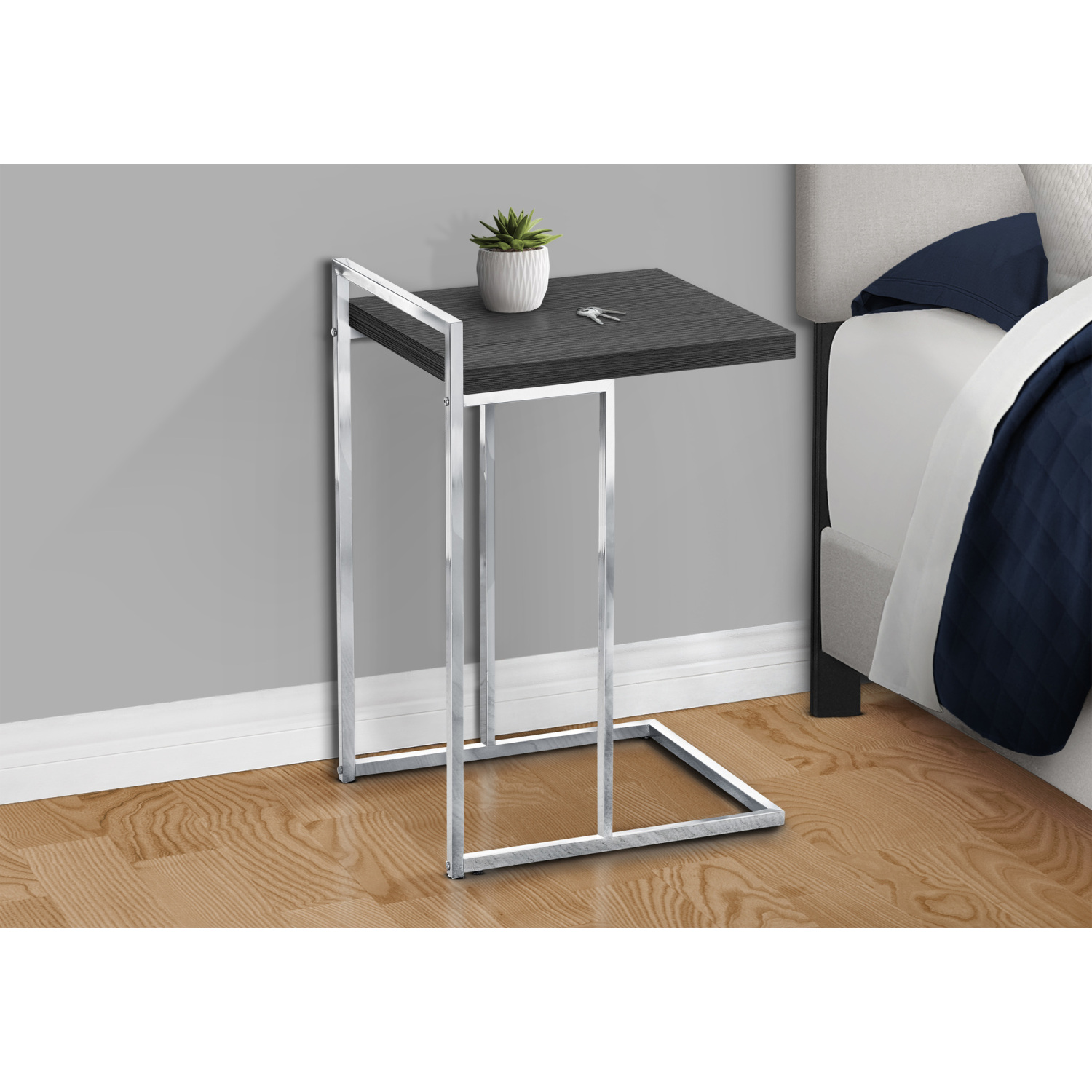 C-Shaped Accent Table, Chrome & Grey Laminate, End Table for Living Room, Bedroom
