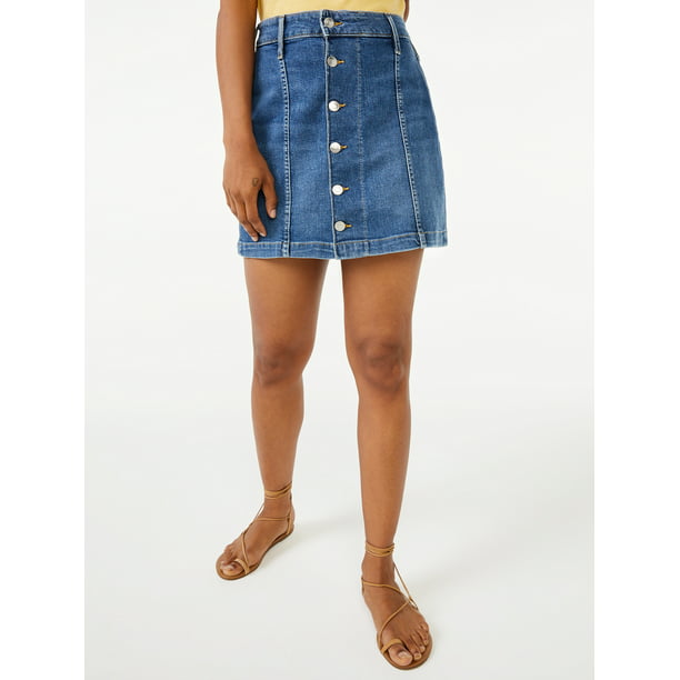 Free Assembly Women's Button Front Denim Mini Skirt - Walmart.com