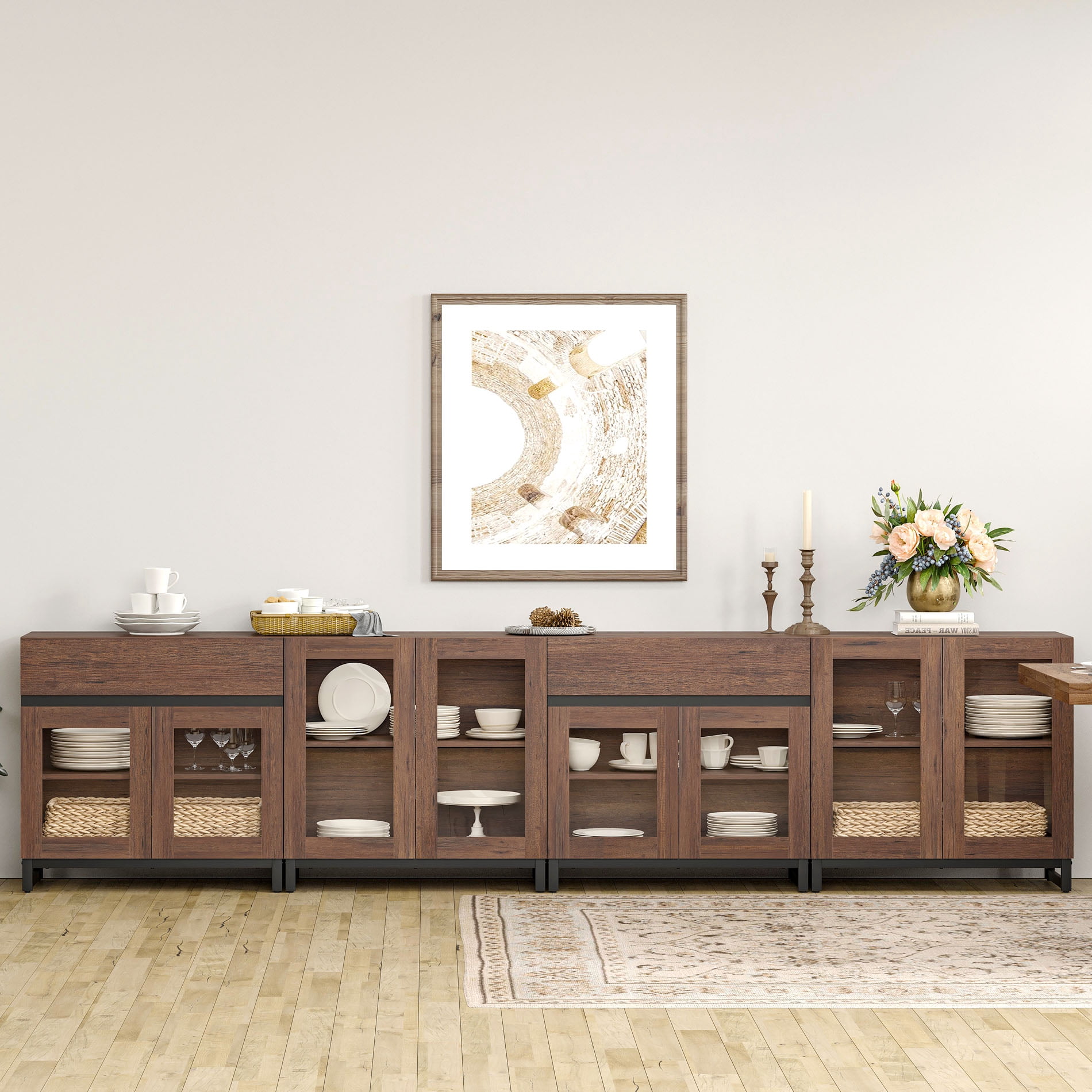4 In 1 Multifunctional Sideboard Buffet Cabinets With Glass Doors And 2 Drawers, Modern Sideboard Credenza With Adjustable Shelf And Metal Base for Living Room, Kitchen,Brown