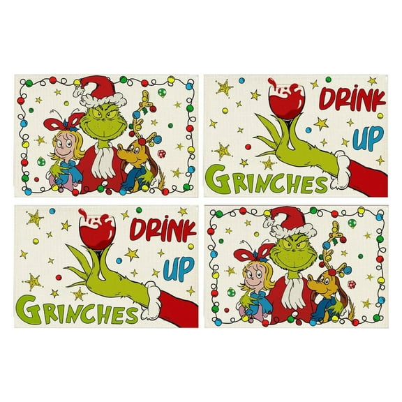 4 Pcs Christmas Linen Placemats Table Mats Ornaments, Cartoon Pattern Insulation Mats For Kitchen Restaurant Party Decor Gift