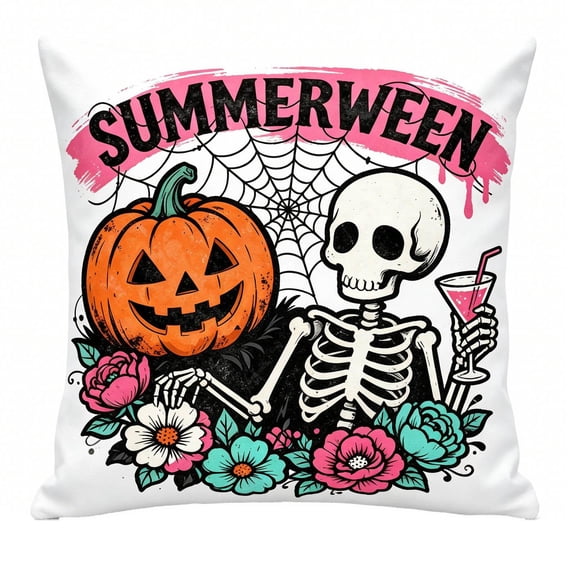 Halloween Pillow Cover 18 X 18 Inch Linen Throw Pillow Cover Summerween Skeleton Print Spooky Home Decor for Bedroom Living Room Party 1 Pack