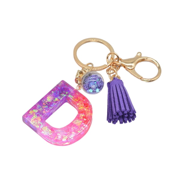 Llavero con letras brillantes de resina epoxi - 26 letras, anillo de metal y borla - Regalo personalizado para mujeres y niñas en Navidad y cumpleaños