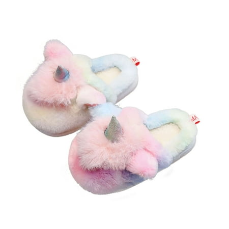 

hirigin Toddler Girl Winter House Shoes Soft Plush Tie-dye Unicorn Slippers/Slip-on Shoes with Anti-Skid Sole