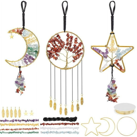 3 Set Tree of Life Gemstone Pendant Suncatcher Dreamcatcher Hanging Ornament 7 Chakra Crystal Stone Ornament Window Car Wall Decor for Good Luck 10×22cm/4×8.8“