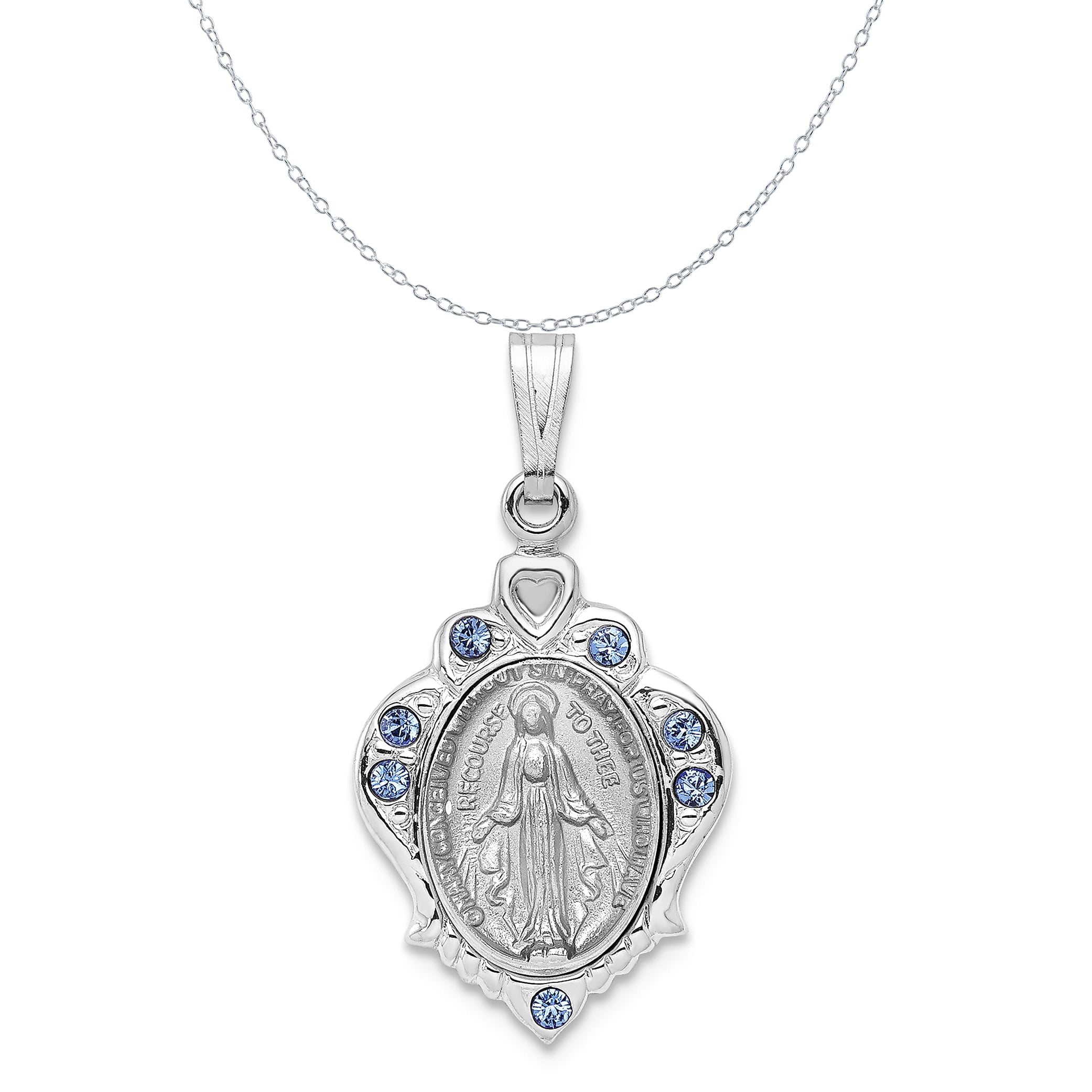 18-Inch Rhodium Plated Necklace with 4mm Topaz Birthstone Beads and Sterling Silver Saint Nino de Atocha Charm.