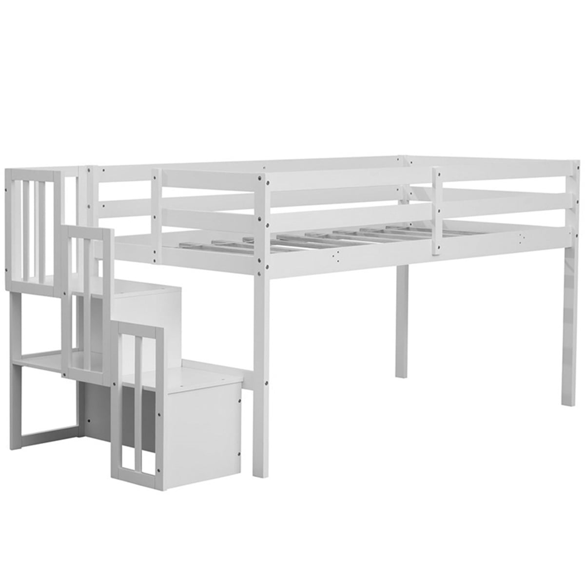Lowestbest-Staircase Loft Bed with Stairs Storages, Twin Size Solid Wood Bunk Bed for Kids, White Lowestbest-Staircase Loft Bed with Stairs Storages, Twin Size Solid Wood Bunk Bed for Kids, White