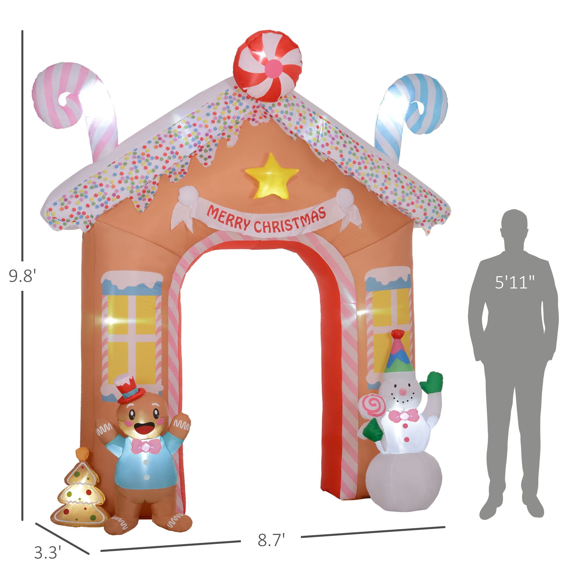 10 ft Inflatable Gingerbread House Archway with White LED Lights, Polyester Christmas Yard Arch with Gingerbread Man and Snowman for Indoor and Outdoor Holiday Decor
