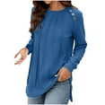 thumbnail image 3 of Ahdbta Women's Sweatshirts Long Sleeve Crewneck Pleated Front Pullover Tops Solid Color Button Decor Trendy Side Split Tops, 3 of 6