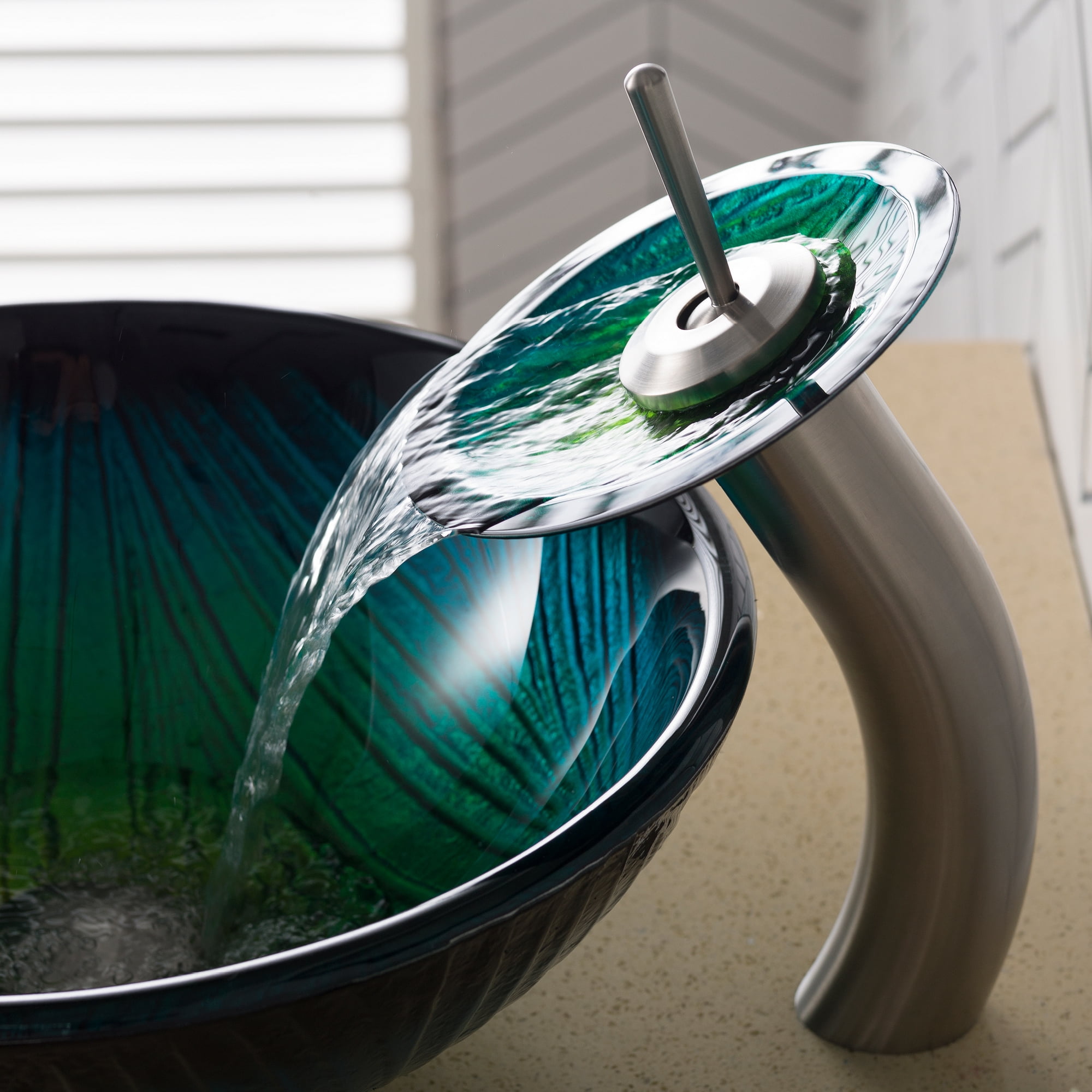KRAUS Nature Series Green Glass Bathroom Vessel Sink and Waterfall Faucet Combo Set with Matching Disk and Pop-Up Drain, Satin Nickel Finish