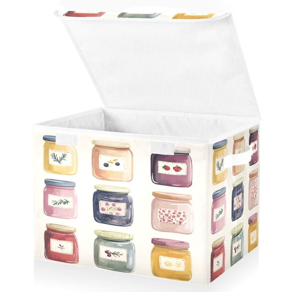 Yayeee Collapsible Cube Storage Bin with Lid Fabric Closet Decorative Basket with Handles, Beige Jam Jars