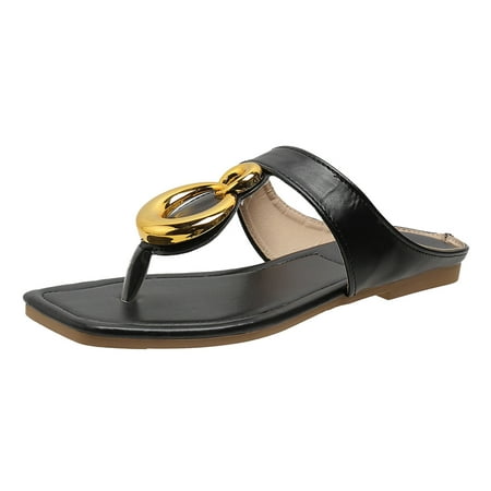 

Youmylove Women Slide Slippers Fashion Summer Solid Color Leather Metal Buckle Open Toe Flat Bottom Beach Slippers Leisure Ladies Cozy Daily Walking