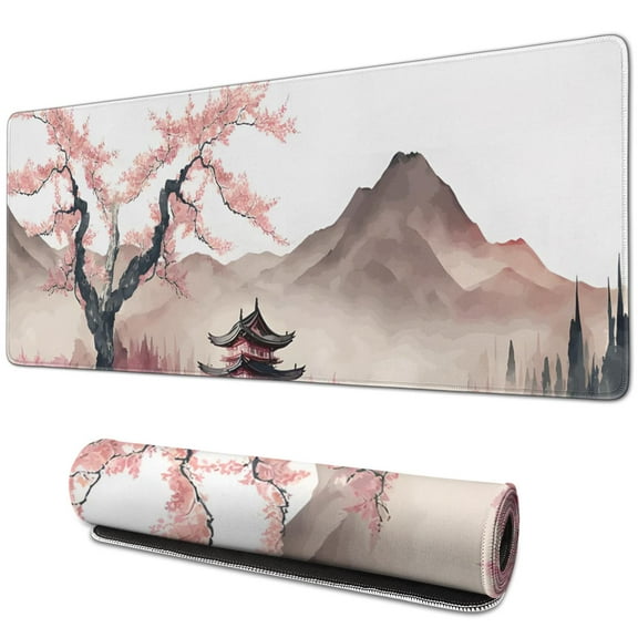 Elevate Your Game with Watercolor Cherry Blossom Large Gaming Mouse Pad: 31.5x11.8 Inch Desk Mat with Non-Slip Base & Stitched Edges, Perfect for Home Office Desk Setup!