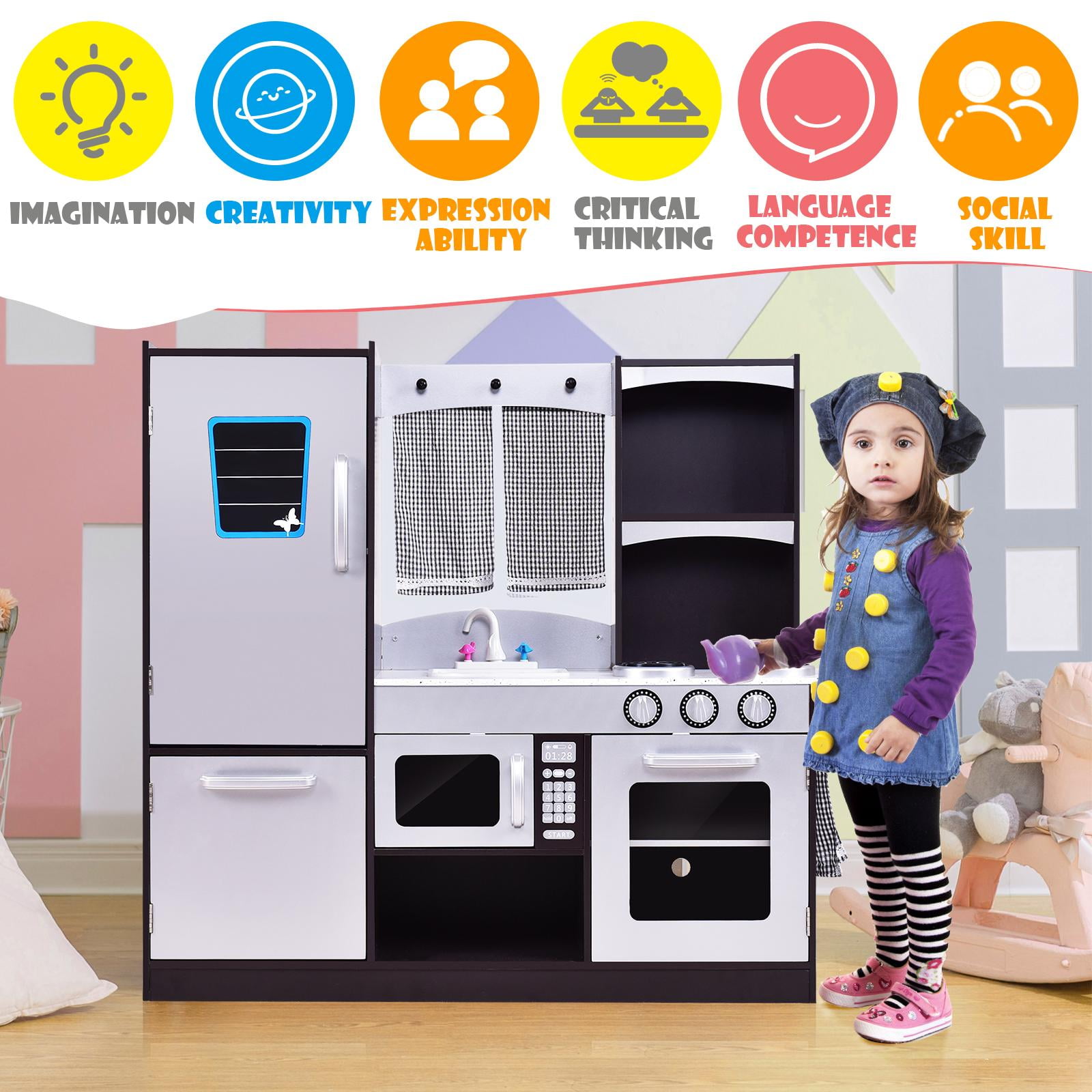 Giant bean Wooden Ice Cream, Coffee and Frozen Treat 3-in-1 Counter  Playset, 25 PCS Toddler Pretend Play Kitchen Accessories, Kids Wooden Toys  for 1+