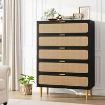 M optimized 5 Drawer Dresser for Bedroom, Rattan Chest of Drawers, Large Modern Dresser for Closet with Wide Top, Wooden Dresser for Living Room, Hallway, Kids Room