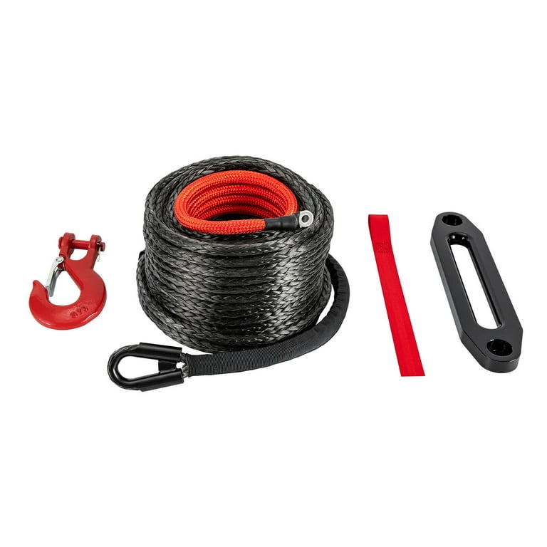 Synthetic Winch Rope 3/8x100ft ,1/2x92 ft 23809LBs Line Cable with Hook  Black/Red 