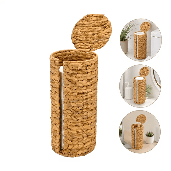 Freestanding Water Hyacinth Toilet Paper Storage Holder with Lid, Hand Woven Bathroom Toilet Paper Storage Basket