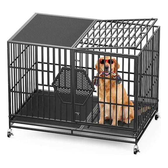 '' Heavy Duty Dog Crates for Large Dogs, Dog Kennel Indoor | For High Anxiety Dog, Escape-Proof Dual Top Fences, Reinforced Square Tube Frame, Easy-Clean Split Floor, Extra-Wide Door