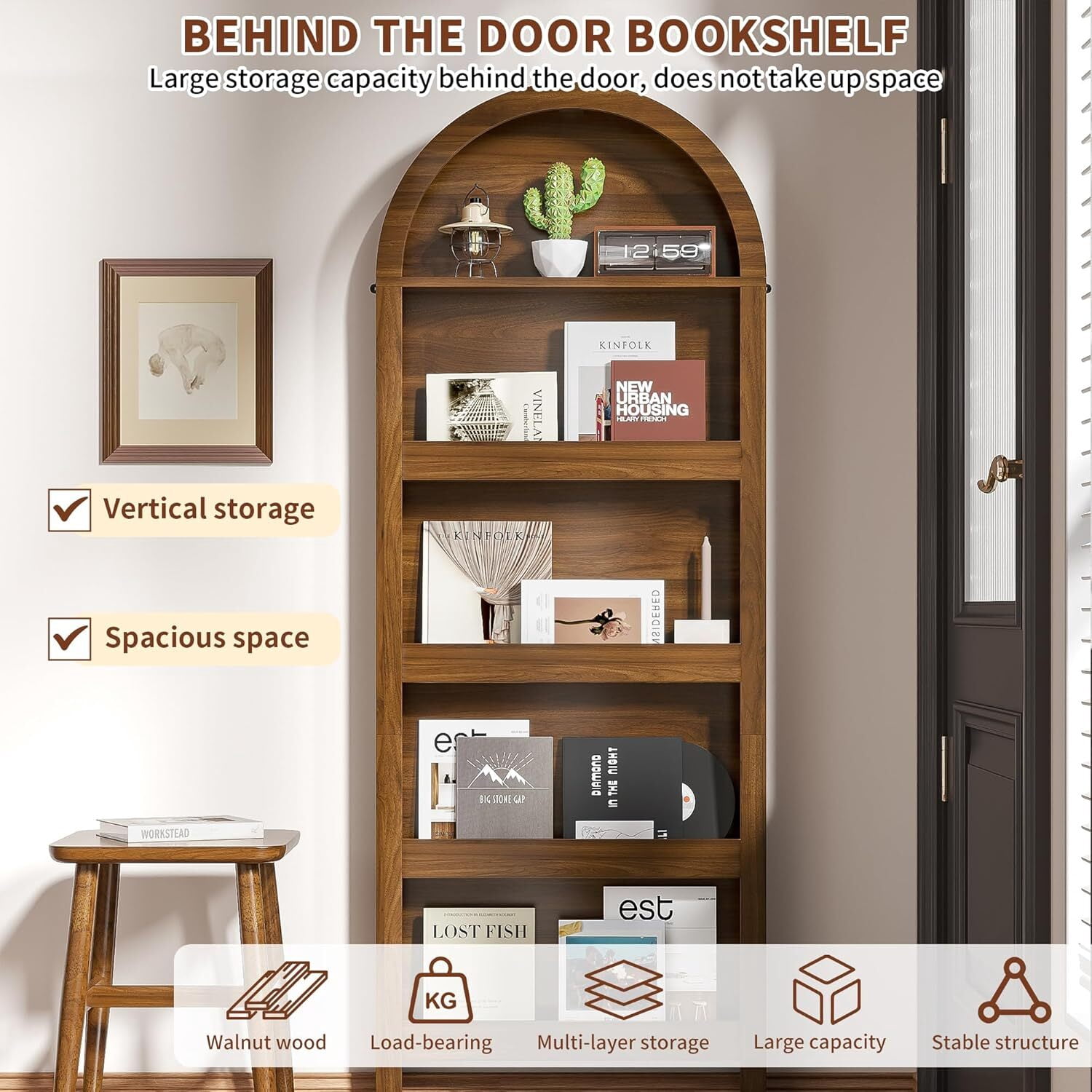 Arched Behind The Door Storage Narrow 5- Tier Open Display Bookshelf Wall Mount Display Rack for Living Room Bedroom