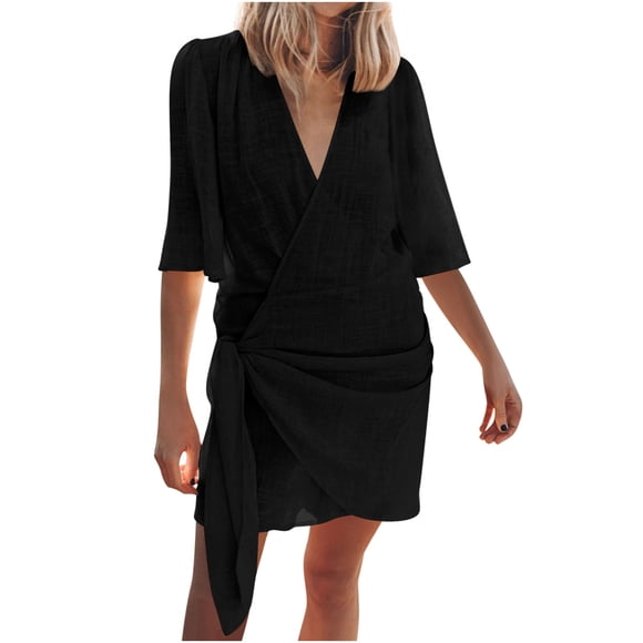 LOVZFMLL Summer Dresses for Women 2025 Short Sleeve V Neck Tie Waist Mini Dress Casual Beach Vacation Clothes for Women Black L