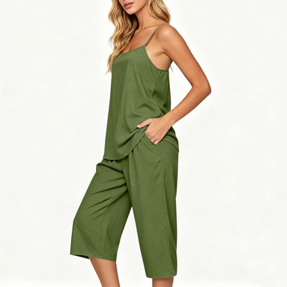 Two Piece Outfits for Women Adjustiable Strap Cami Top and Wide Leg Cropped Pants Casual Summer Lounge Matching Set Olive Green M