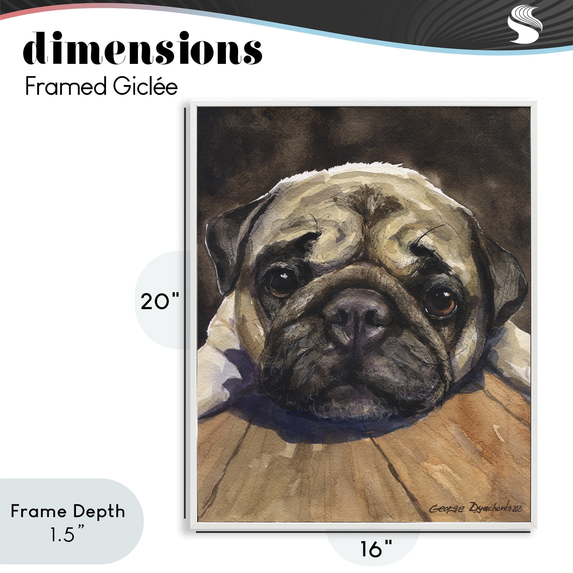 Stupell Industries Pug Soulful Portrait White Framed Giclee Art, design by George Dyachenko