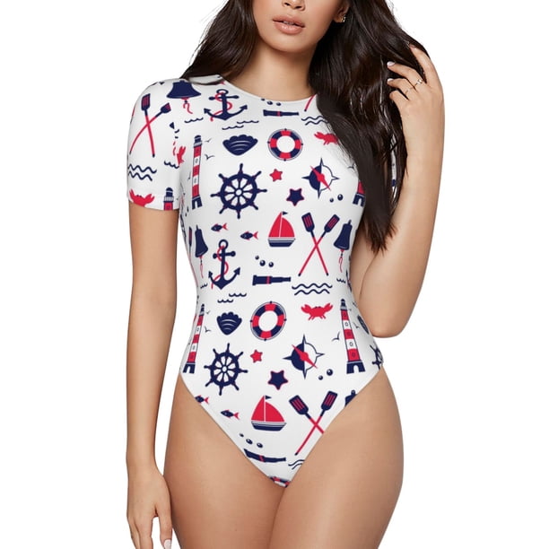 Fotbe Sailing Marine Travel Body de Mujer con Cuello Redondo y Mangas Cortas, Sin Mangas Ajustado, Suave, Cómodo y Básico-Small