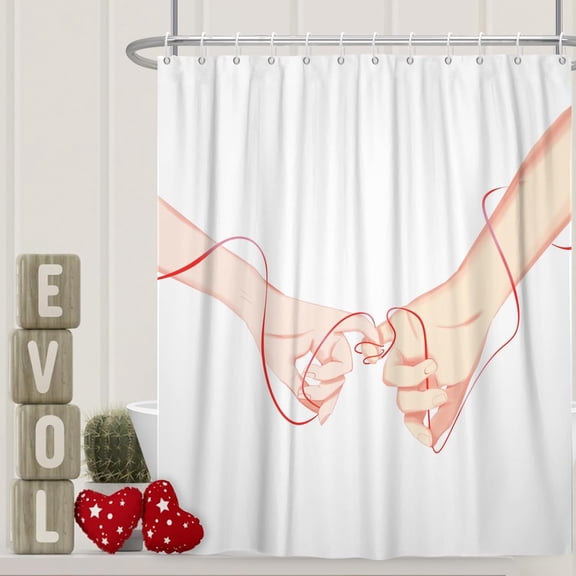 Valentine''s Day Shower Curtain for Bathroom 72x72 inches Love Couple Hands Red Line Waterproof Fabric Stall RV Bathtub Decor White Decoration Hotel Room Divider Shower Curtains Set with Hooks