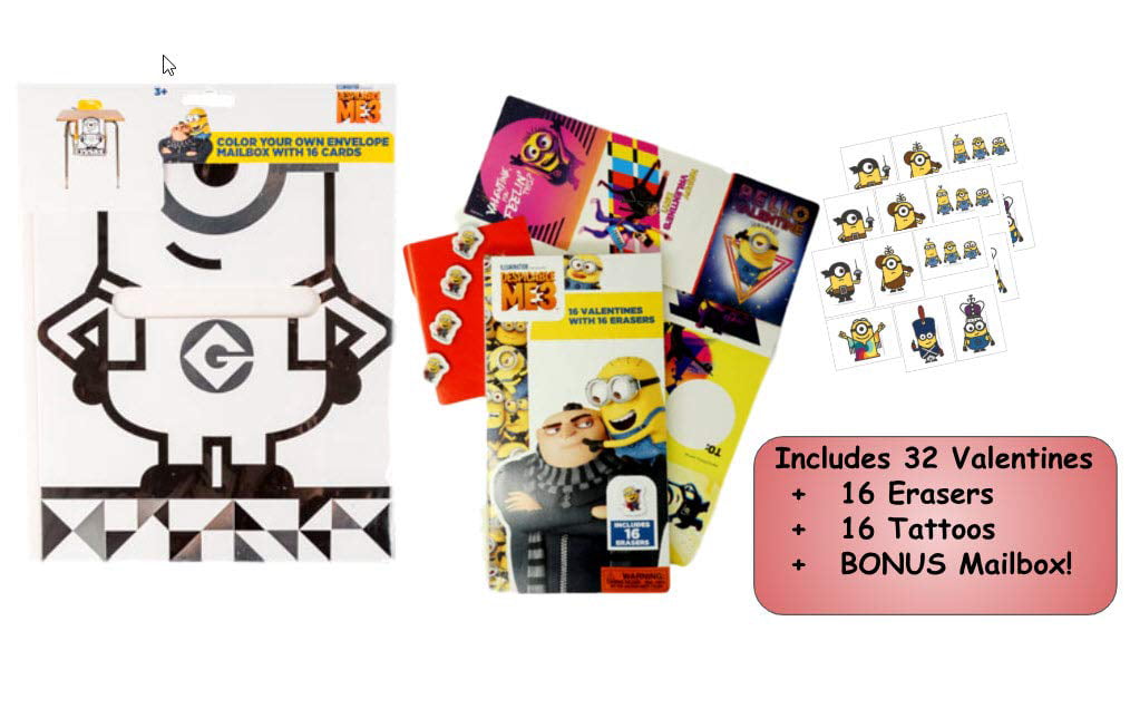 Despicable Me3 Valentine Cards With 32 Erasers And 5 Bonus Stickers For Fun 32 Cards 