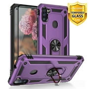 TJS Phone Case for Samsung Galaxy A11 (Not Fit Galaxy A10/A10S/A10E), with [Full Coverage Tempered Glass Screen Protector][Impact Resistant][Defender][Metal Ring][Magnetic Support] Armor (Purple)
