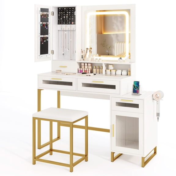 Makeup Vanity Desk with 3 Color Lighted Mirror & Charging Station , Dressing Table with Jewelry Cabinet and Padded Stool for Bedroom