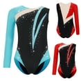 thumbnail image 3 of HULIJA Girls Asymmetrical Leotard for Gymnastics Sportwear Round Neck Shiny Rhinestones Color Block Performance Top Blue Green 14, 3 of 3