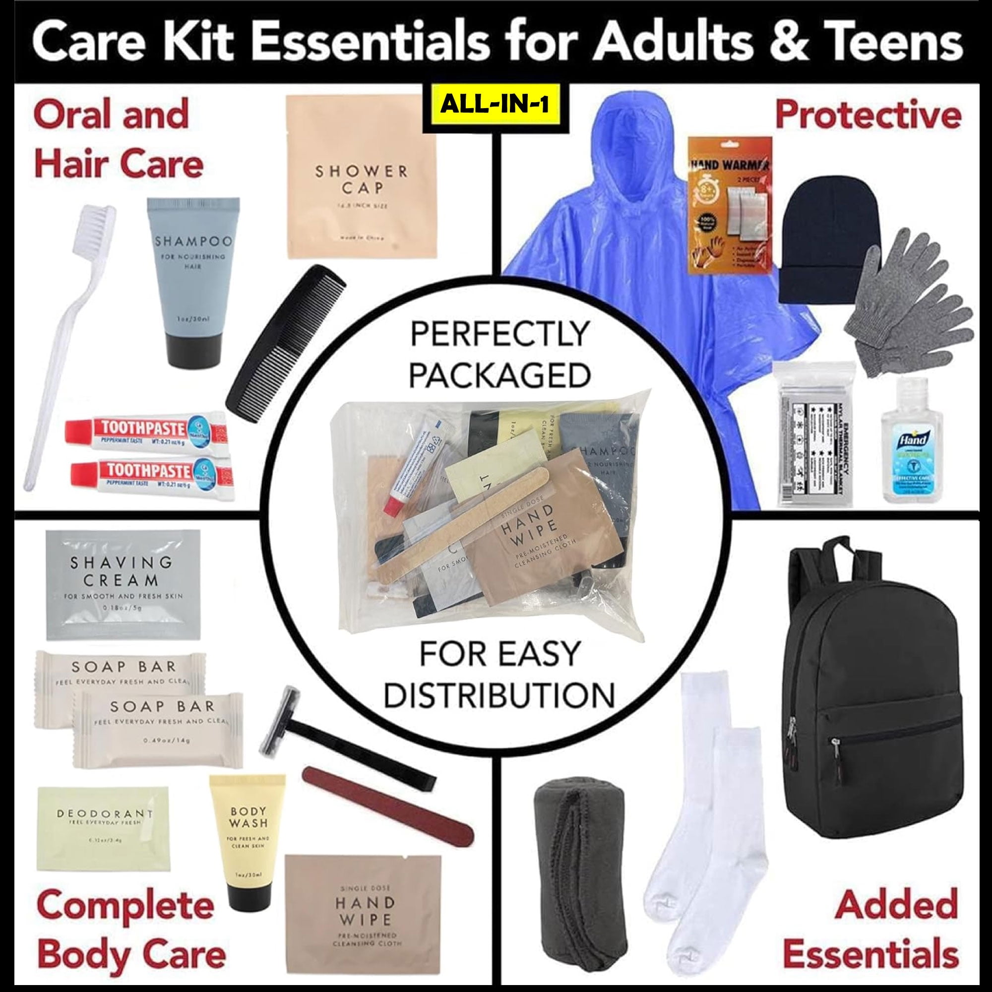 Single 24 Piece Trail maker Winter Care Travel Toiletry Kit for Homeless Charity Donation  with Backpack, Beanie Hat, Socks & More