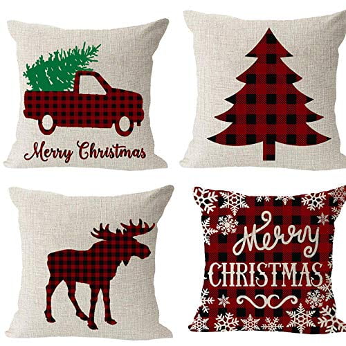 SUFAM Set of 4 Pillow Cases Red and Black Plaid Car Tree Snowflake ...