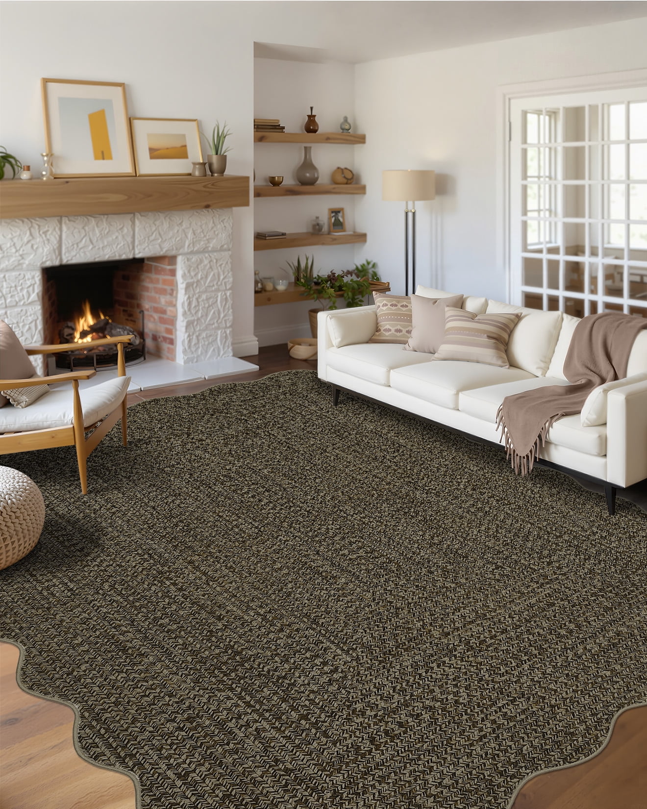 Garvee 8'x10' Scalloped Rug Farmhouse Braided Print Carpet, Washable Rug Soft Non Slip Low Pile Rug Indoor Neutral Carpet for Living Room Bedroom Dining Room, Brown