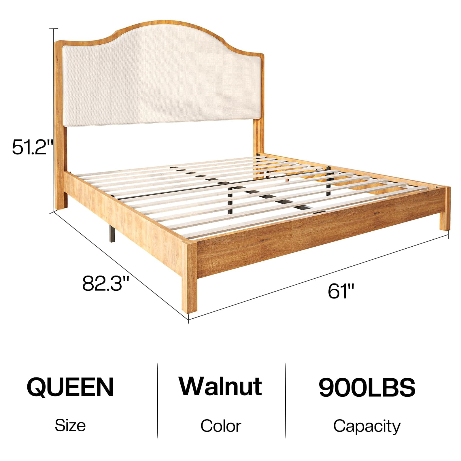 Merluxy Wooden Platform Queen Bed Frame with Upholstered Headboard Solid Wood Bed, No Box Spring Needed, Walnut