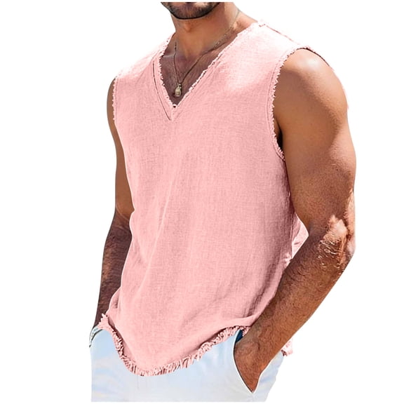 USNSM Linen T Shirts for Men Lightweight Breathable Short Sleeve V Neck T-Shirts Vintage Loose Fit Summer Casual Beach Tee Tops Pink S
