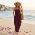 thumbnail image 4 of JULMCOMO Jumpsuits for Women Off Shoulder Sleeveless Summer Jumpsuits Tie Front Strapless Wide Leg Casual Baggy Overalls with Pockets Wine L, 4 of 8