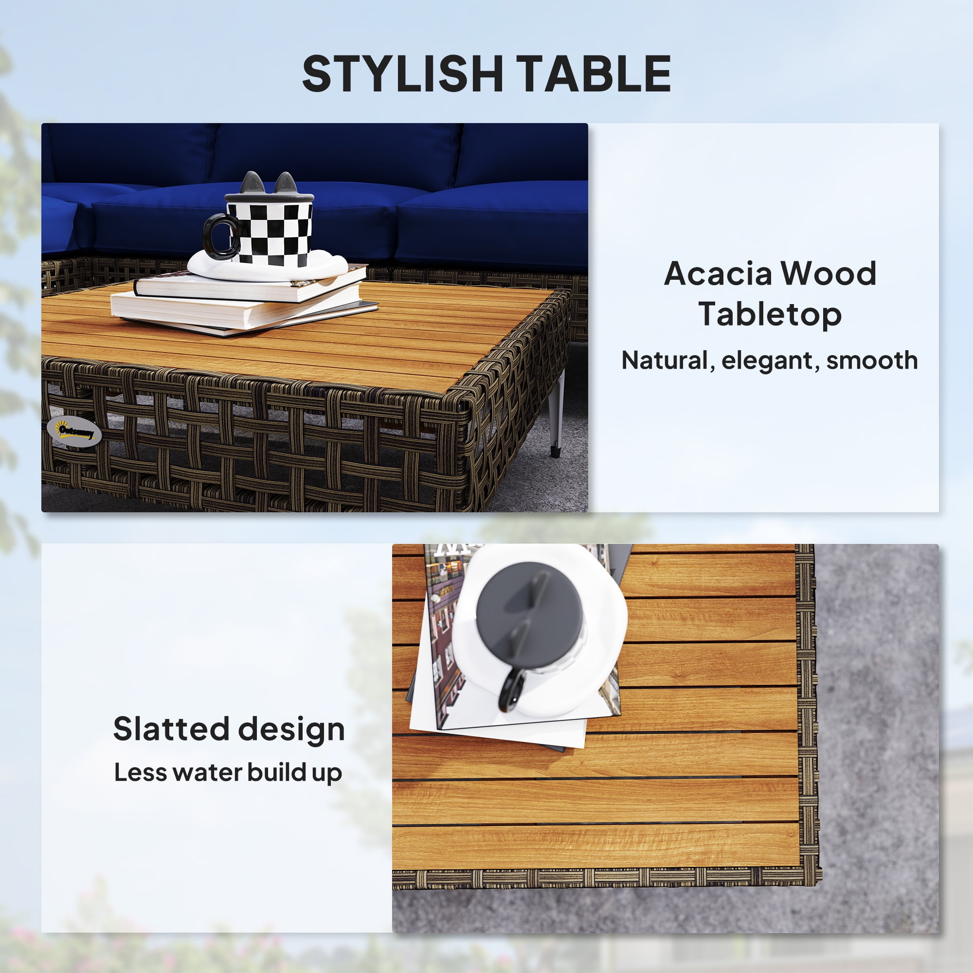 Outsunny 7 Piece Wicker Patio Furniture Set, Modular Outdoor Sectional Conversation Set with Thickened Cushions, Acacia Wood Table, Brown/Dark Blue