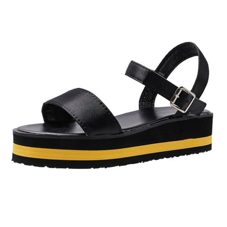 

PMUYBHF Sandals Women Wide Wedge Ladies Summer Simple Colour Blocking Comfortable Thick Bottom One Word Buckle Straps Large Size Beach Shoes Sandals