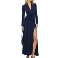 thumbnail image 2 of Female Long Sleeve Maxi Dress V Neck Wrap Waist Formal Long Cocktail Dresses Night Out Outfits Navy Blue M, 2 of 8