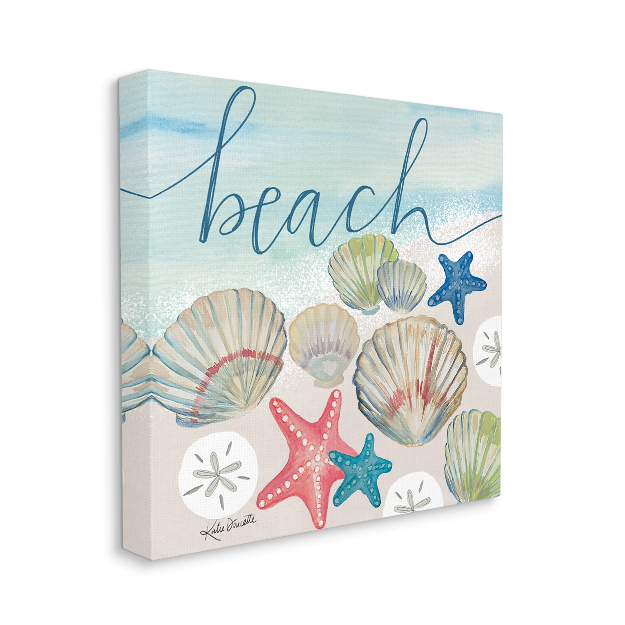 Stupell Industries Beach Calligraphy Seashells Clams Starfish Ocean Foam Canvas Wall Art, 17 x 17, Design by Katie Doucette